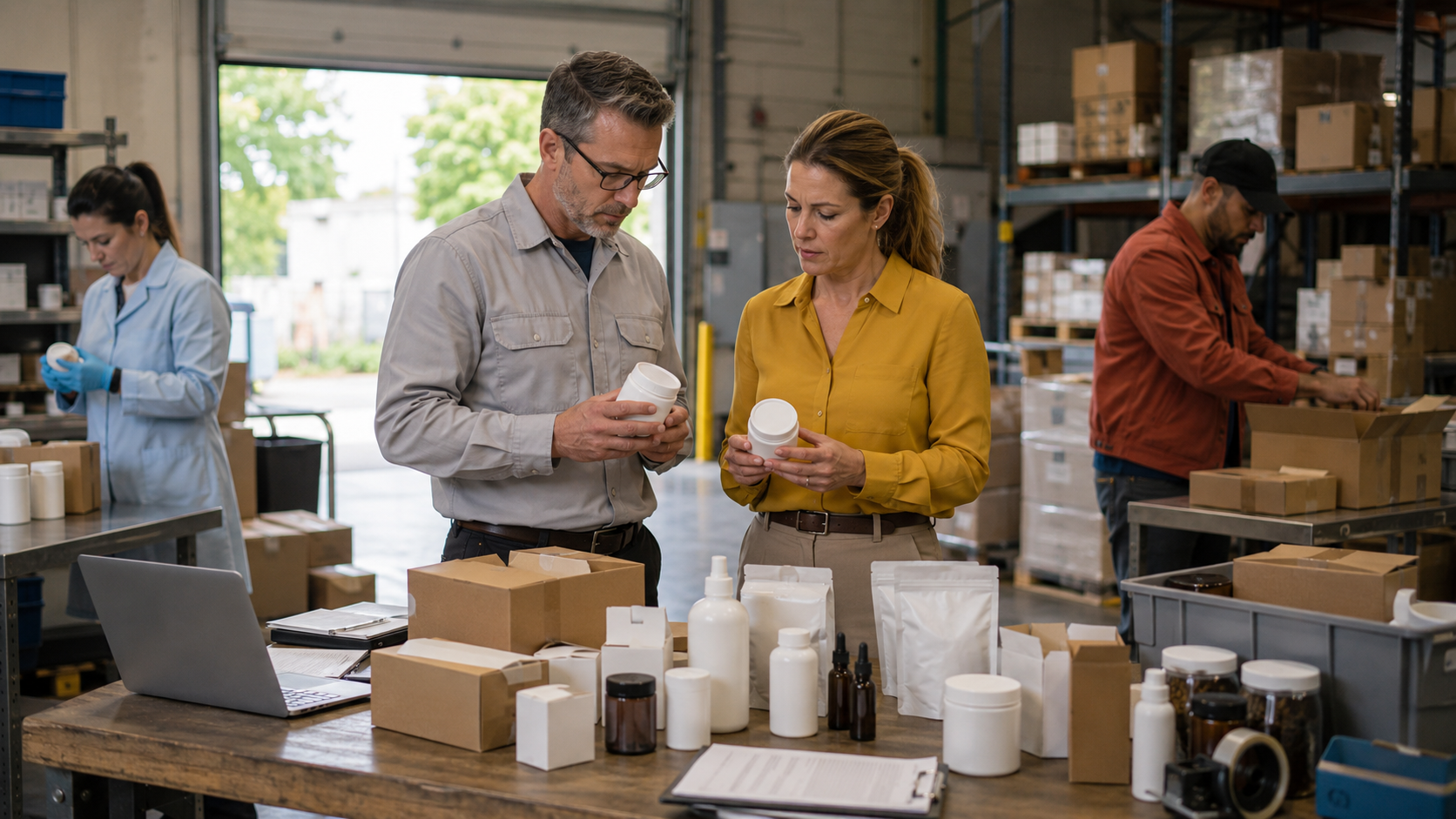 Two cannabis product managers review white hemp product containers and packaging materials in a warehouse as staff work in the background, illustrating compliance planning amid delayed FDA guidance.