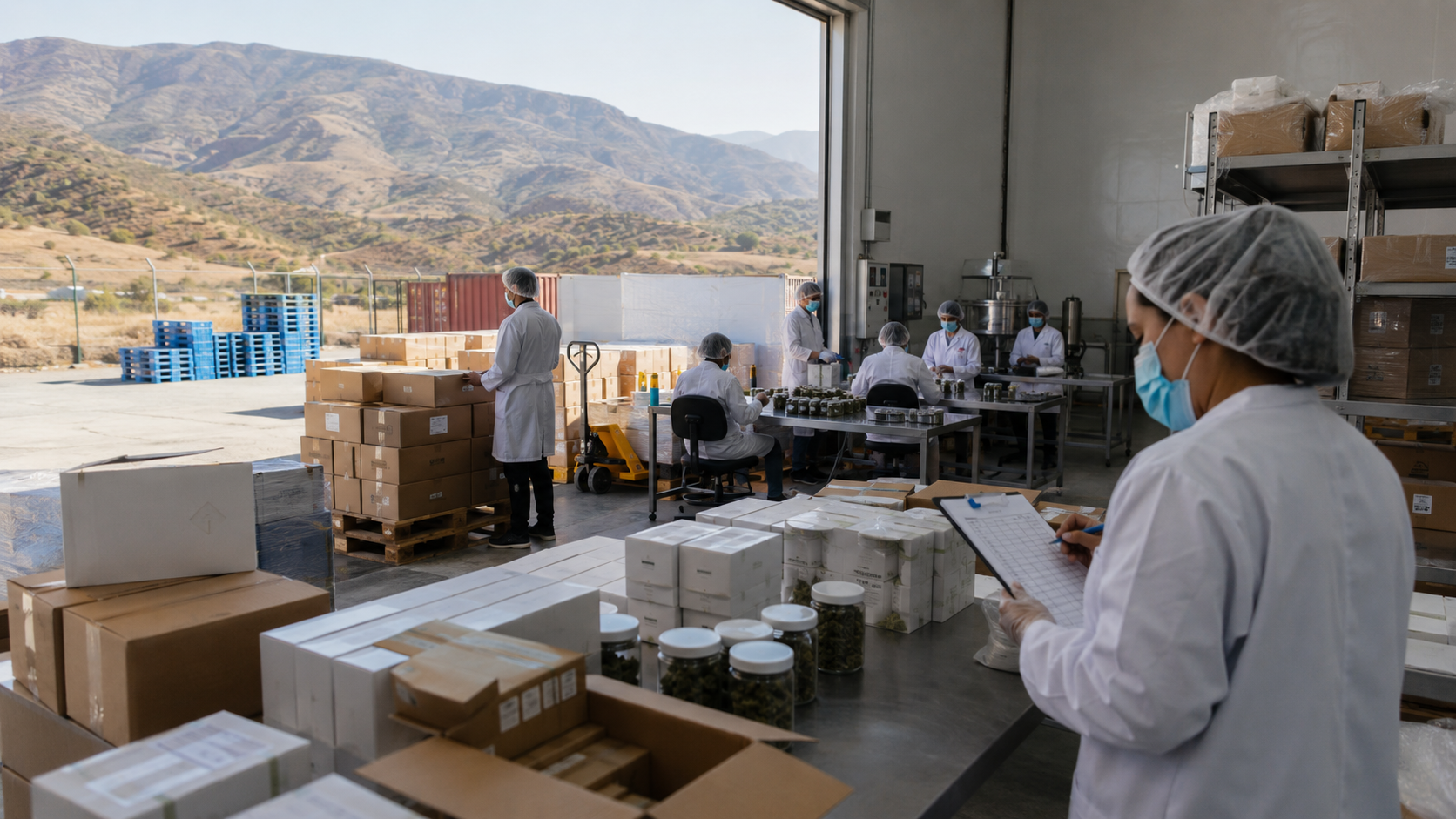 A large cannabis production and packaging facility prepares boxed and jarred products for distribution, illustrating Morocco’s expanding legal cannabis supply chain, manufacturing capacity, and export potential.