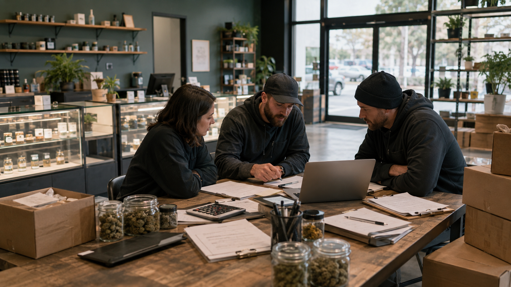 Cannabis operators review sales reports, tax records, licensing documents, and inventory data inside a retail facility, illustrating Delaware’s $53.4 million first-year market and future growth planning.