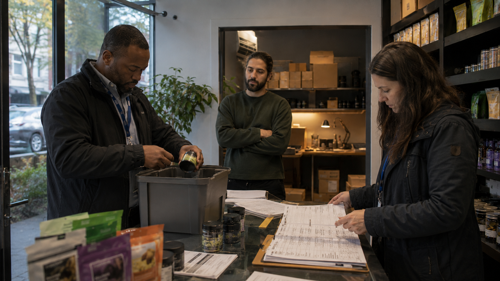 Two compliance staff members inspect hemp and cannabis products, inventory containers, and paperwork inside a retail shop, illustrating renewed enforcement and inspection activity in New York.