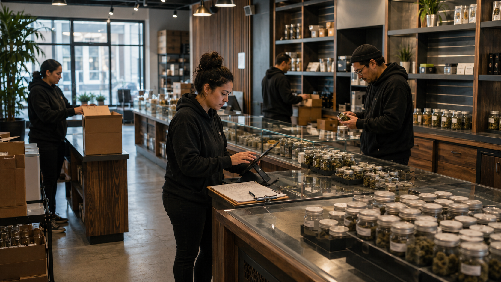 Cannabis dispensary staff use a tablet to review packaged inventory and operational records, illustrating licensing compliance and retail readiness in New York’s regulated market.