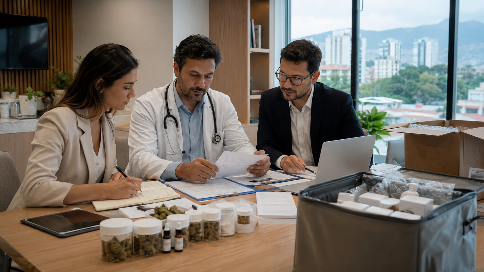 A physician and business professionals review medical cannabis products, regulatory paperwork, and supply documentation, illustrating Brazil’s expanding medical cannabis market, import demand, investment planning, and patient access.