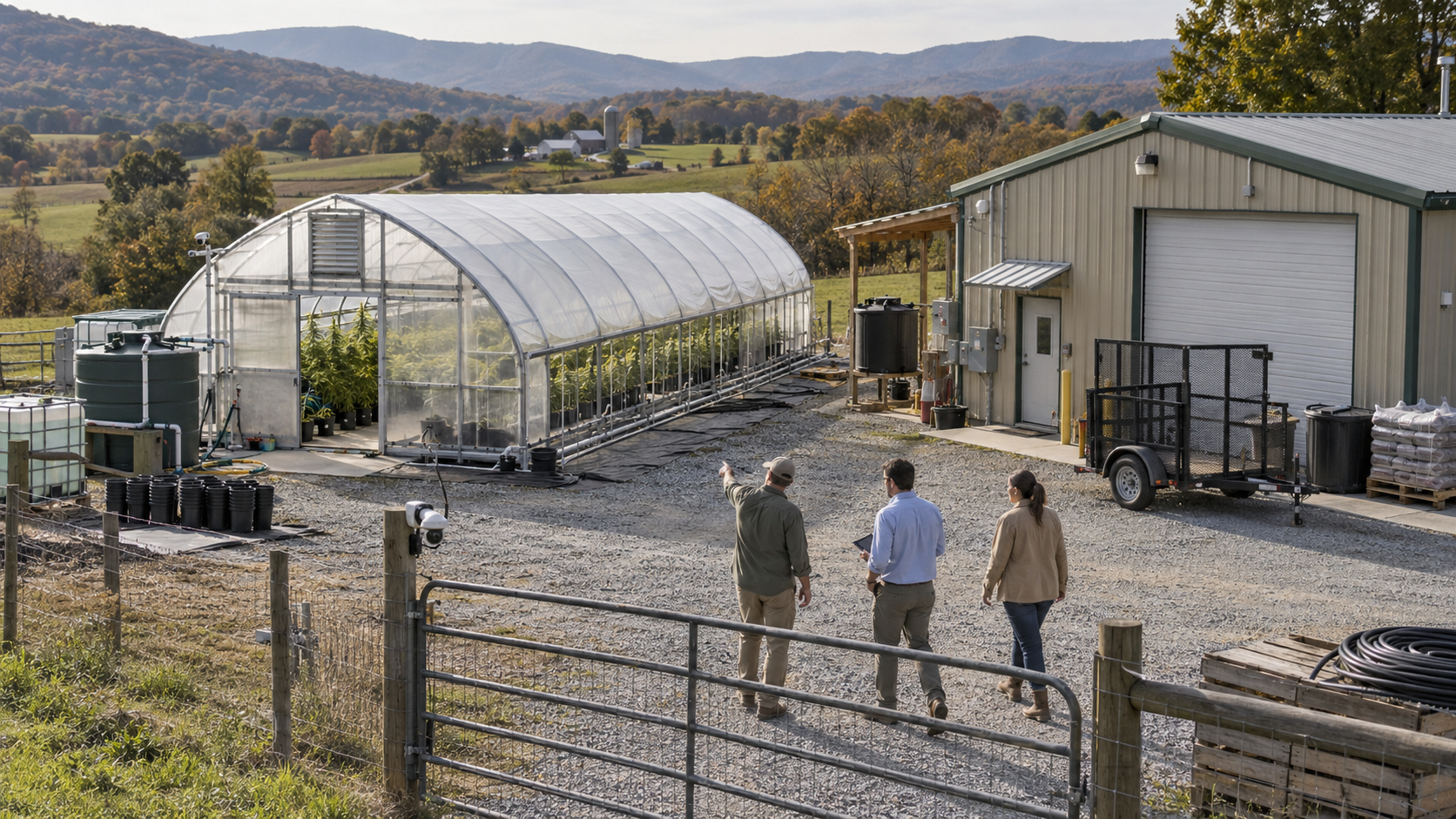 Cannabis business representatives reviewing a cultivation facility as Virginia proposes license caps and fees for adult-use growers.