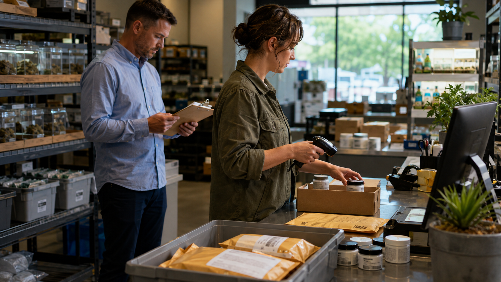 Cannabis facility employees scan medical products, prepare shipping packages, and review tracking records, illustrating Georgia’s proposed regulated medical cannabis mailing system.