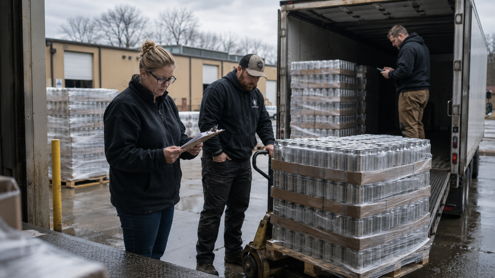 A warehouse operator reviews palletized canned hemp beverages and shipping paperwork during loading, illustrating distribution risk, inventory exposure, and legal pressure tied to Ohio hemp THC product restrictions.