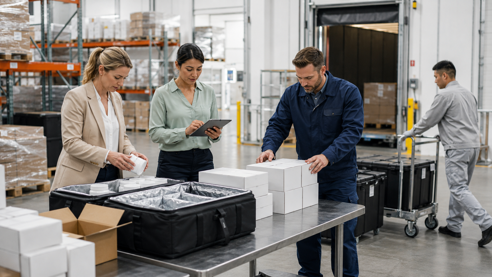 A warehouse team reviews packaged cannabis products, shipping containers, and paperwork, illustrating the operational and logistics challenges U.S. cannabis businesses face in preparing for future international trade.