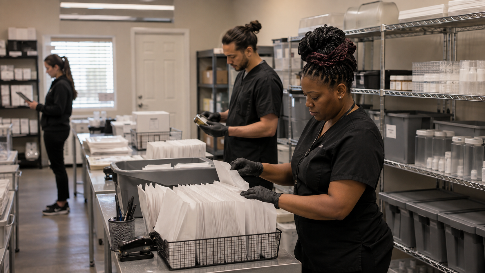 Medical cannabis program staff organize patient application packets, review records, and process documentation in a Georgia administrative office, illustrating the registration backlog caused by surging patient demand.