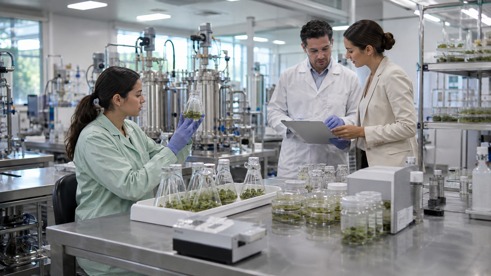 Researchers examine cannabis cell cultures, laboratory flasks, and production records in a biotechnology facility, illustrating the potential for controlled cannabinoid production beyond traditional cultivation.