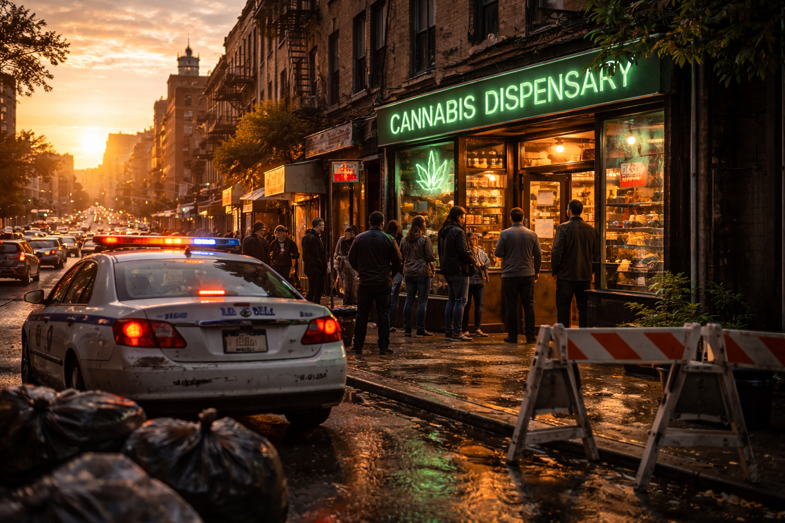 New York cannabis dispensary at night in the rain with officials checking compliance at the entrance.