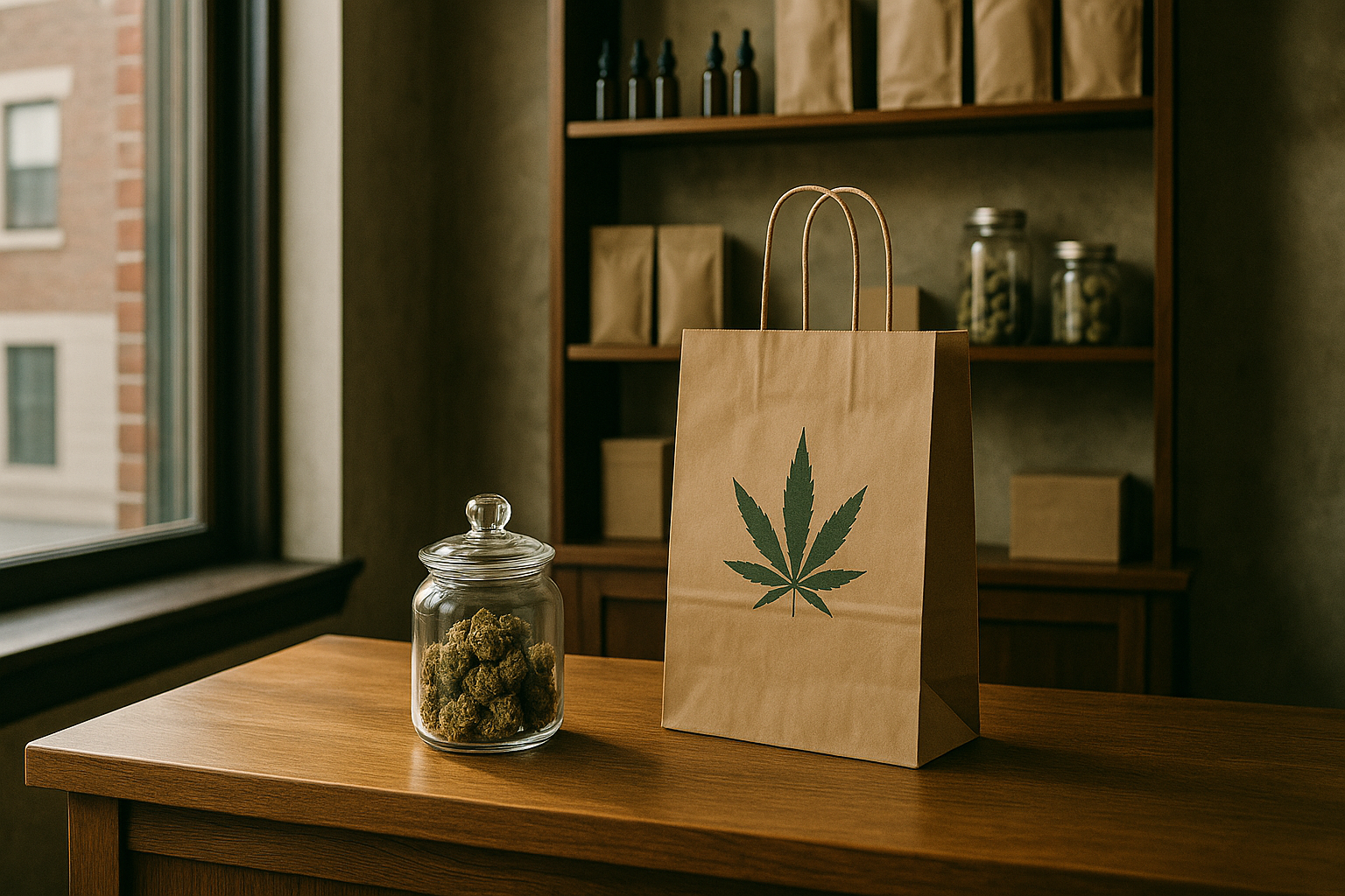 A cannabis jar and branded paper bag sit on a dispensary counter, symbolizing Virginia’s new adult-use cannabis retail proposal aimed at statewide rollout, small business inclusion, and reinvestment in communities harmed by prohibition.