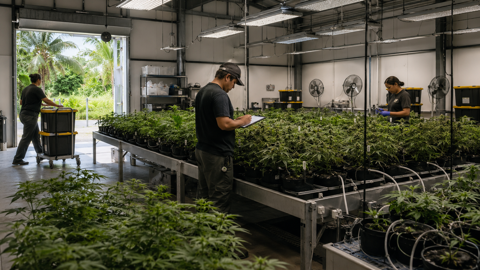 Workers monitor plants, move containers, and record notes across an indoor cannabis cultivation facility, illustrating Guam’s transition from conditional approval to active operations with cultivation oversight and inspection pressure.