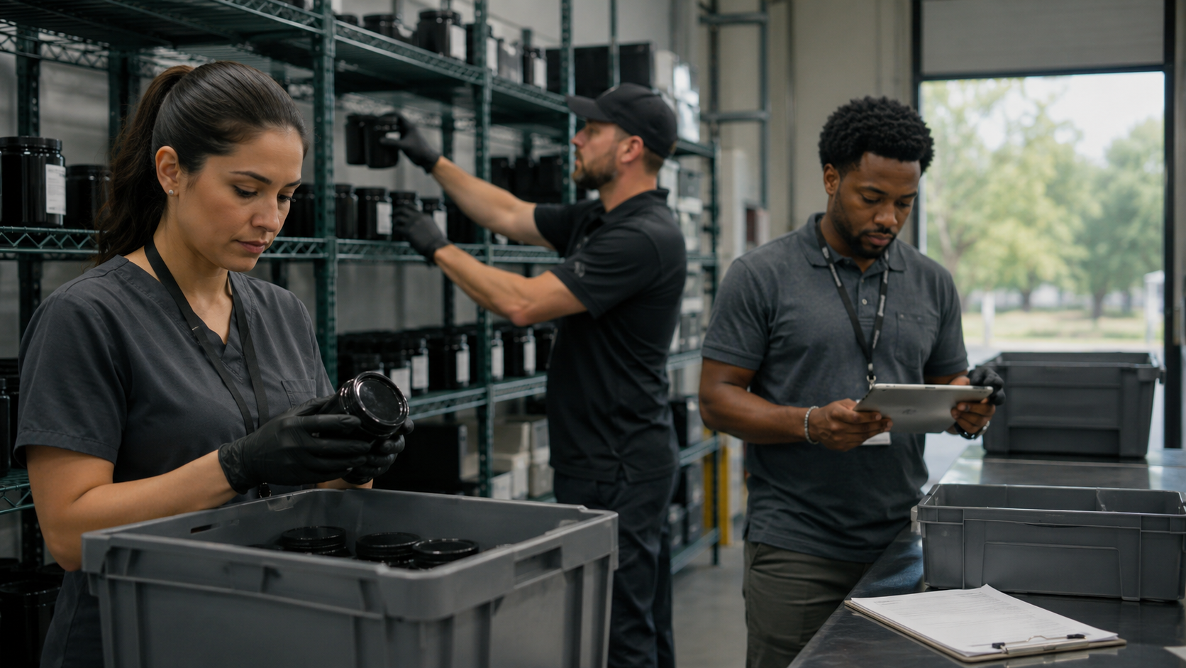 Cannabis warehouse employees inspect containers, update inventory records, and organize regulated products, illustrating state compliance and operational questions connected to federal cannabis rescheduling in Alabama.