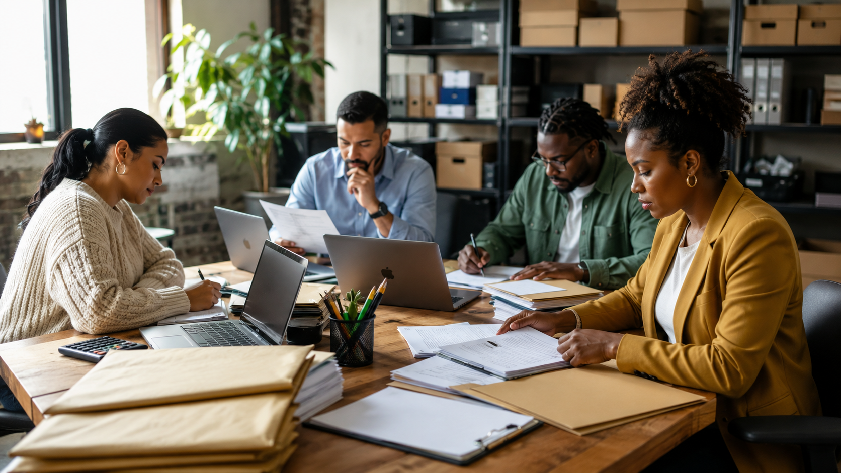 A licensing team reviews extensive application files and supporting documents, representing the nearly 900 applicants competing for Missouri’s final 77 cannabis microbusiness licenses.