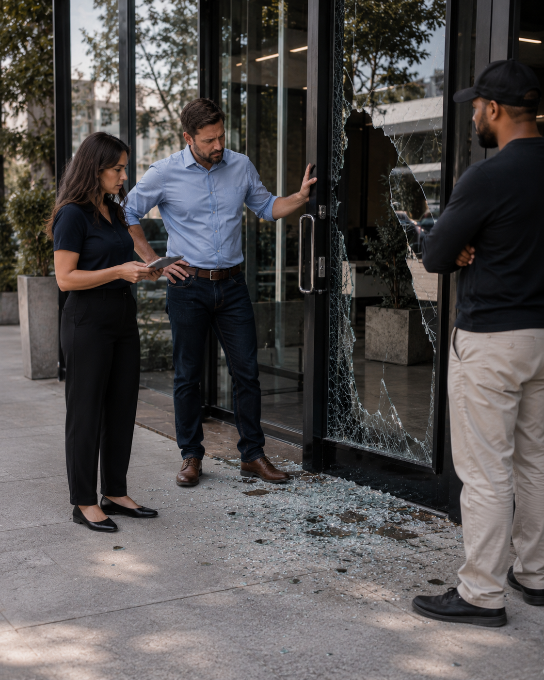 Three people stand outside a building with a broken glass door, discussing the incident. One woman holds a notepad, and two men stand near the shattered door.