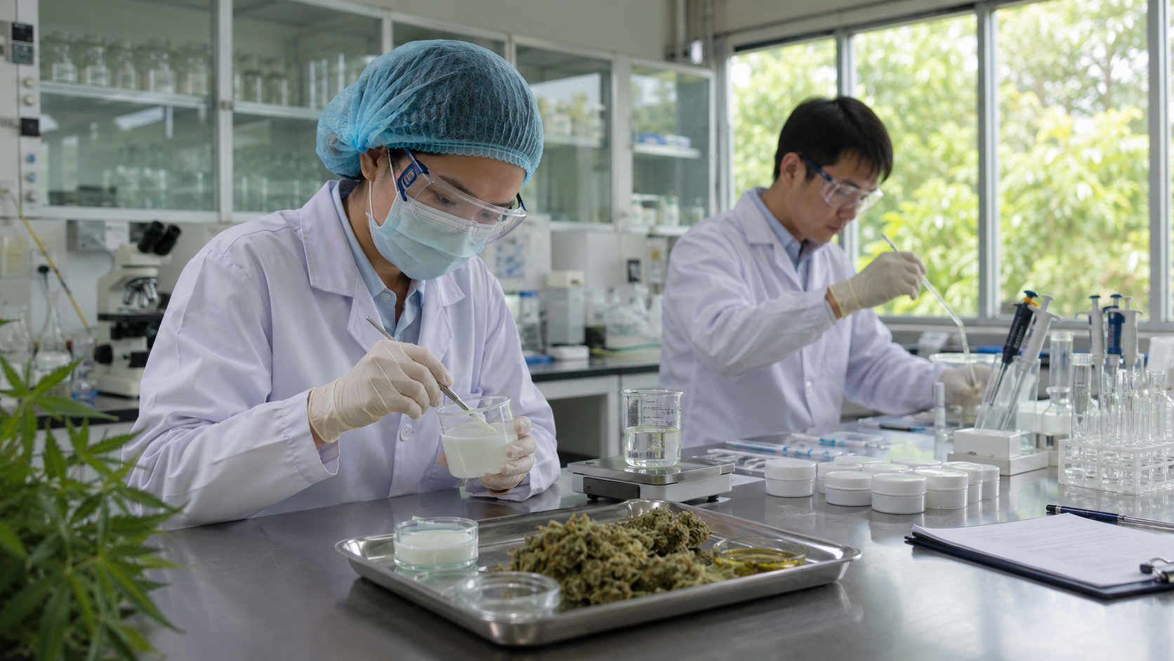 Researchers work in a laboratory with cannabis plant material, small sample containers, and formulation tools, illustrating CBD topical product development and early dermatology research.