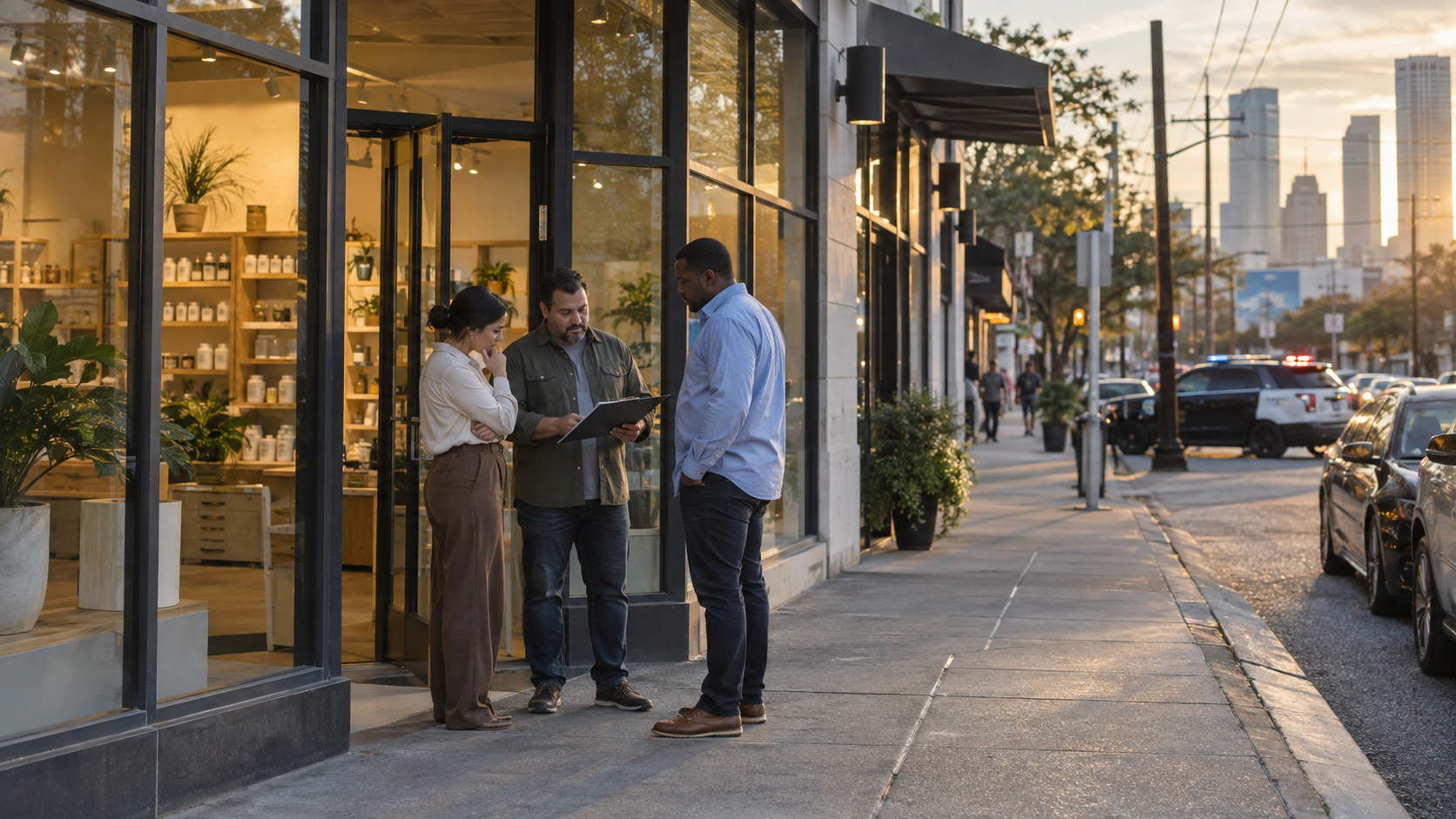 Cannabis industry representatives reviewing local enforcement concerns outside a retail location as Houston possession arrests increase.