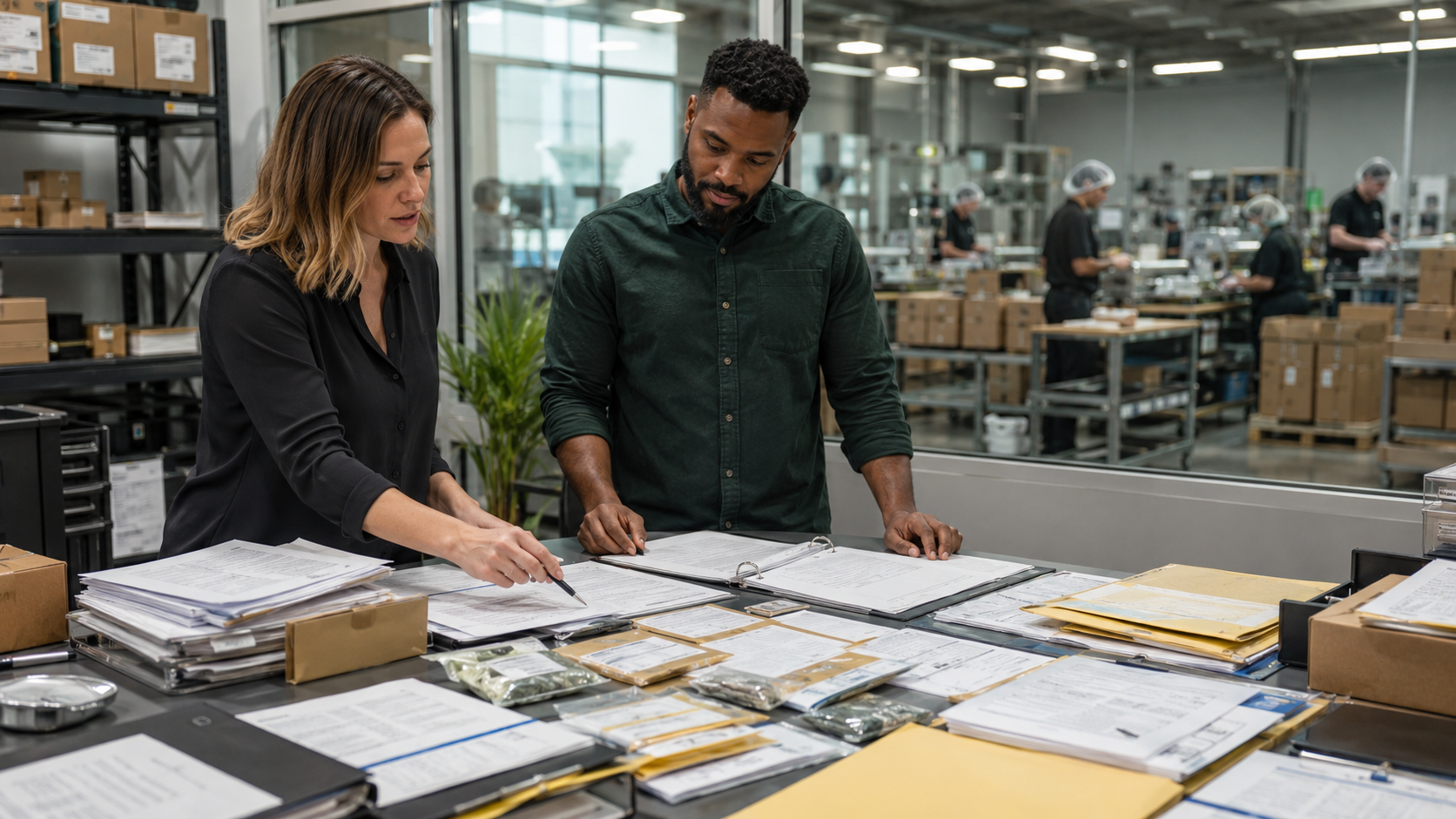 Medical cannabis operators review compliance documents inside a production facility after Georgia expands patient access, pharmacy distribution, labeling, testing, and insurance requirements.
