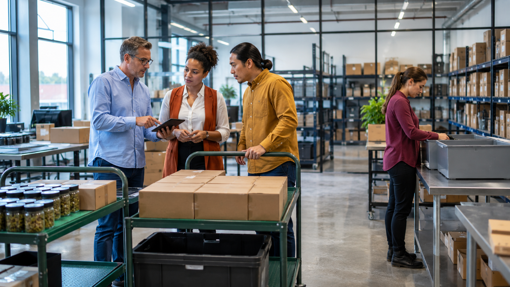 Cannabis business staff review tablet data and boxed inventory in a fulfillment facility, illustrating legal-market expansion, supply chain growth, and operational planning tied to federal legalization.
