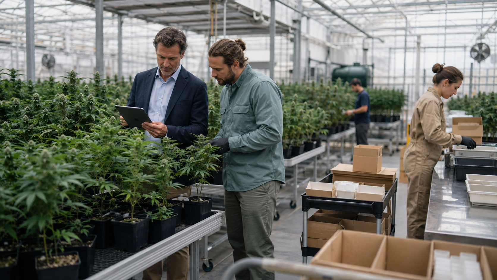 Compliance staff inspect a pallet of packaged cannabis products in a distribution facility, representing Australia’s increasingly competitive medical cannabis import and international supply chain.