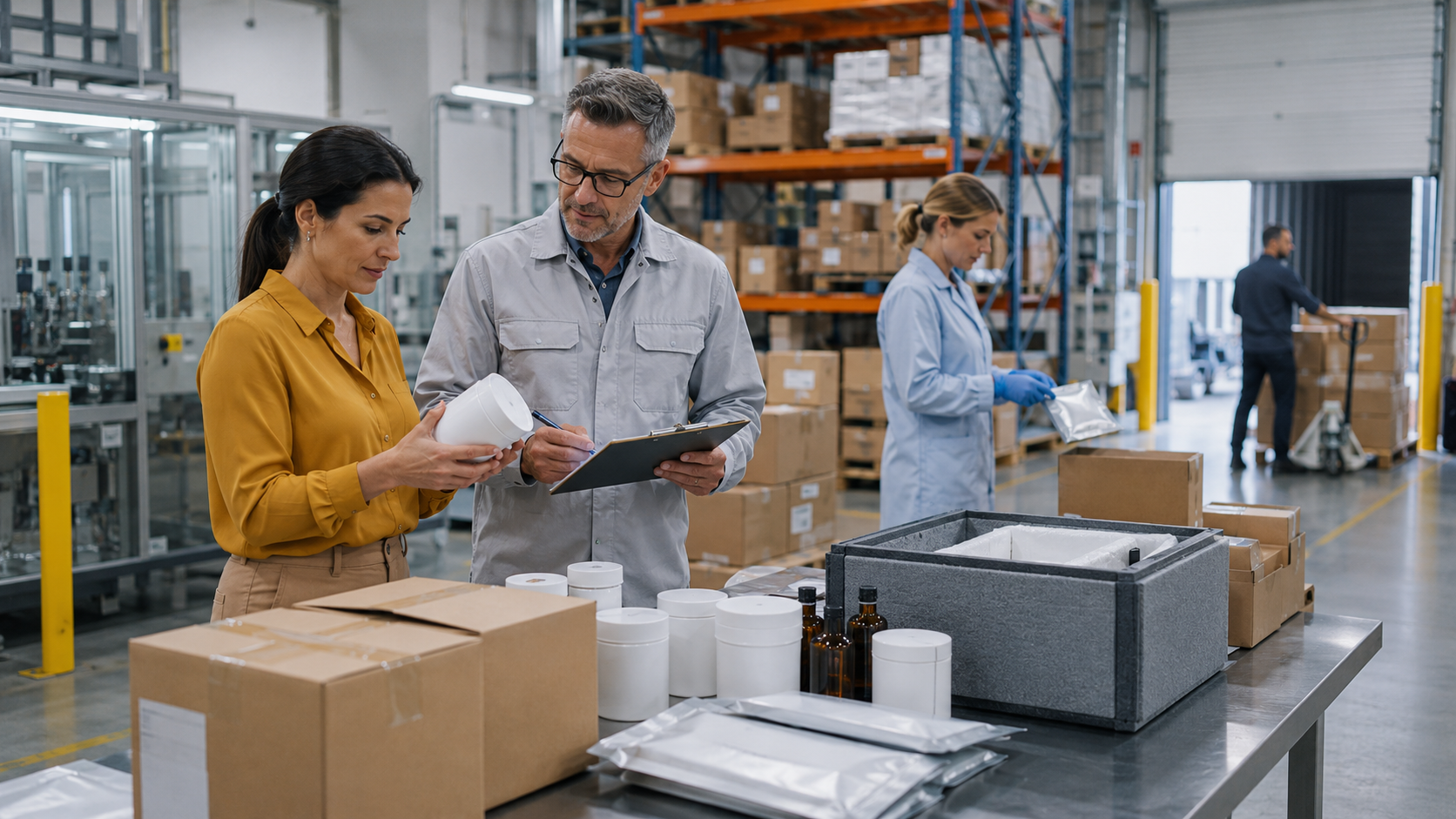 Cannabis operations staff review product containers and packaging materials in a warehouse while fulfillment work continues in the background, illustrating preparation for international medical cannabis distribution.
