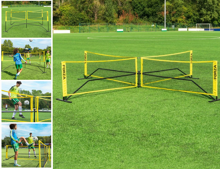 Crossnet 4 is same rules as crossnet 2 but played with four or 4 people. Set includes a 6m net & frame and two 3m nets with frames. Object is keep the football inside the boundary line by using any part of your body except your hands.