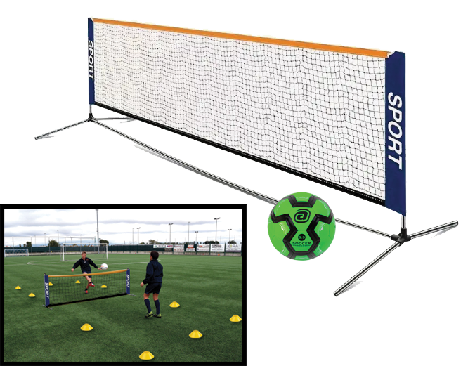 Crossnet 2 is a soccer or football training setup on a grass field includes a portable 3m net, a green soccer ball, with the object of the game is keep the football inside the boundary line by using any part of your body except your hands. 