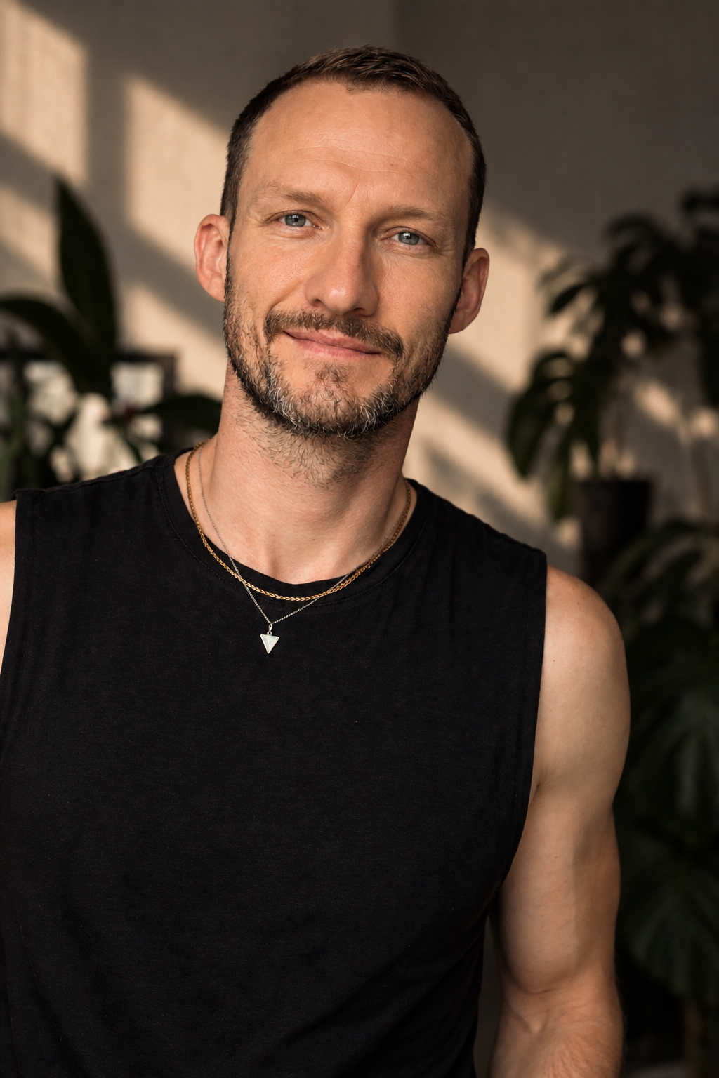 A man smiling, wearing a black sleeveless shirt and layered necklaces, standing in front of a background with plants and sunlight.