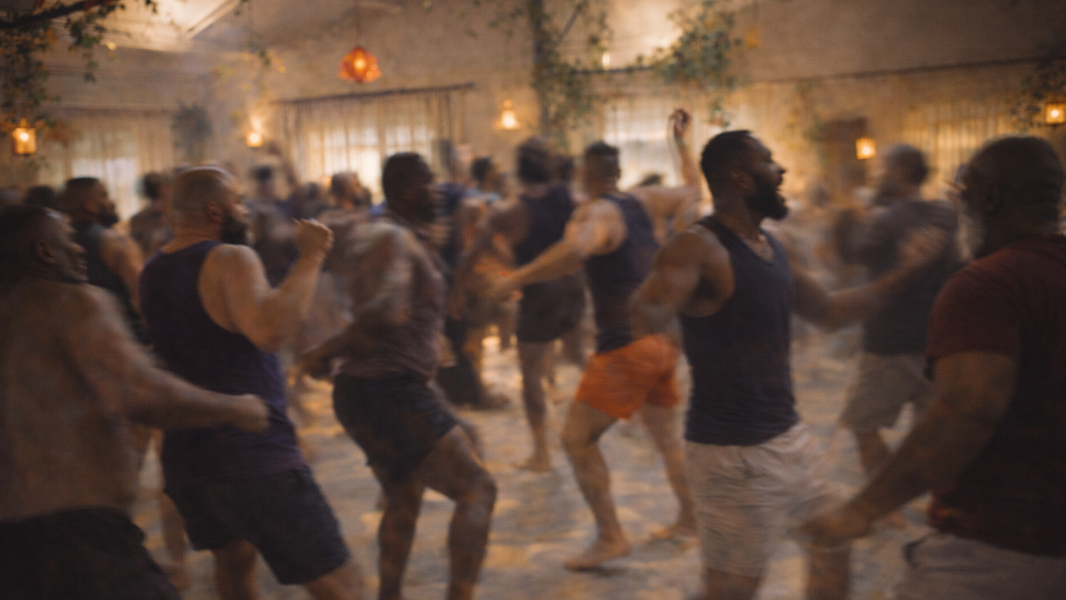 Flyer for Pleasure Medicine. Topless gay men at ecstatic dance for gay men in london