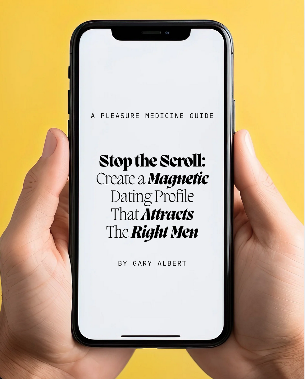 Hand holding smartphone displaying a book cover titled 'Stop the Scroll: Create a Magnetic Dating Profile That Attracts The Right Men' by Gary Albert, with a yellow background.