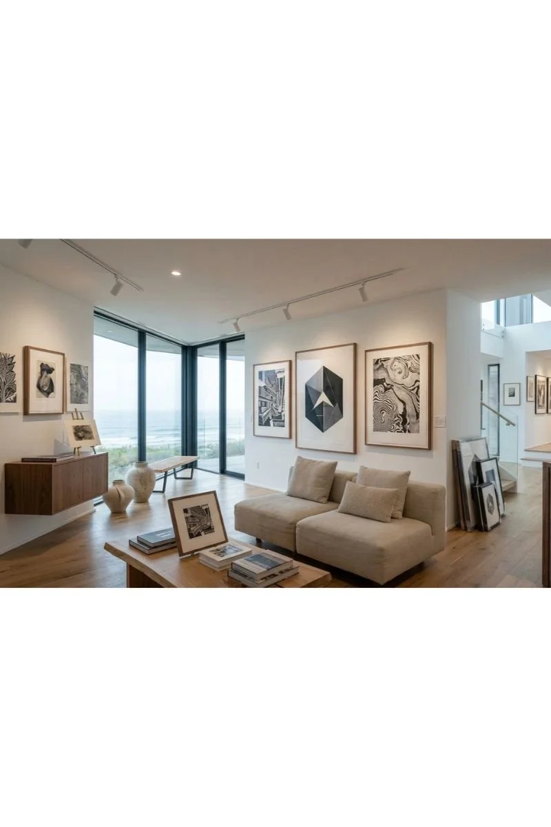 Home interior displaying many framed fine art pieces on the wall