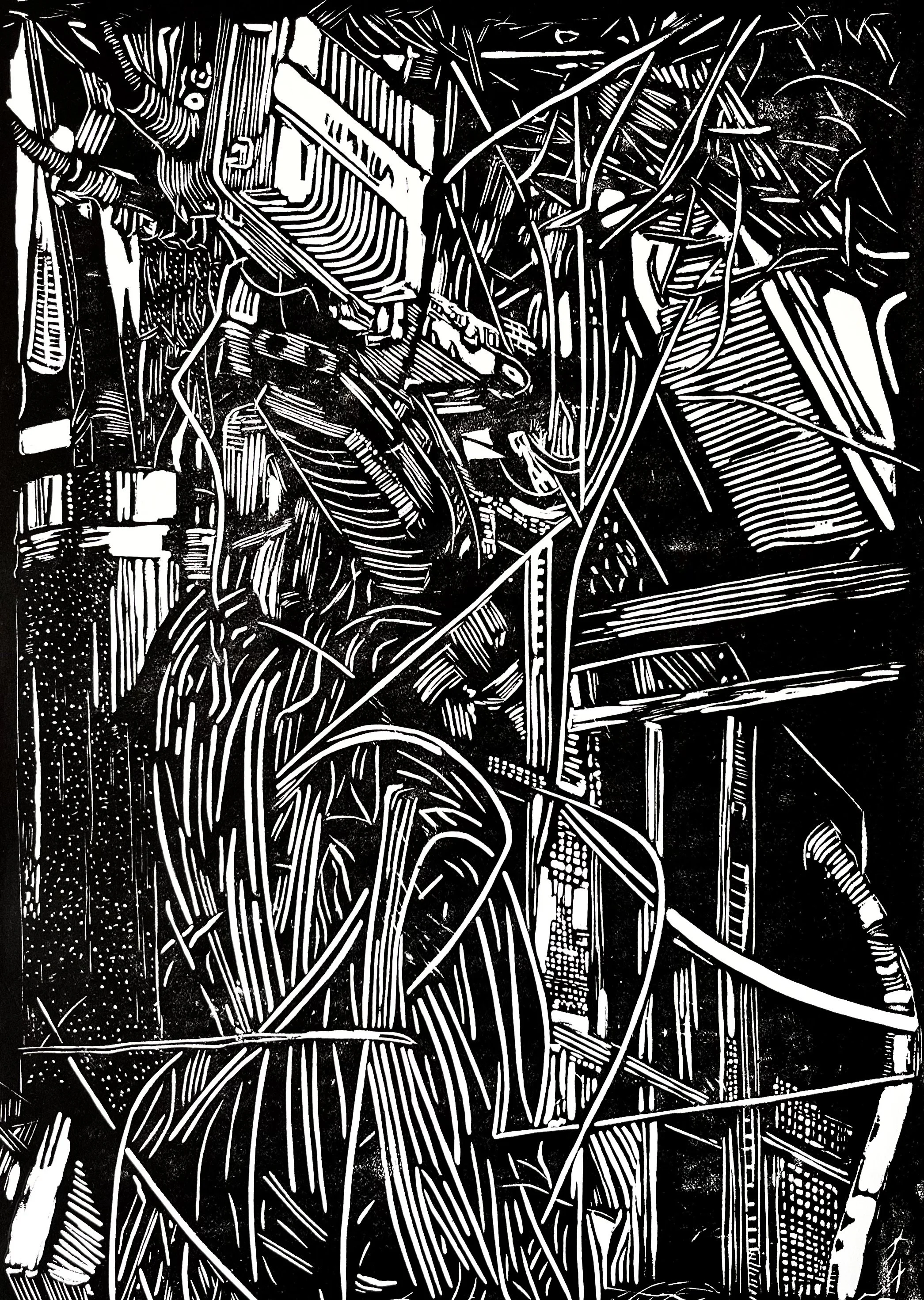 Tangled Wires black and white linocut by Mark James Murphy.jpg