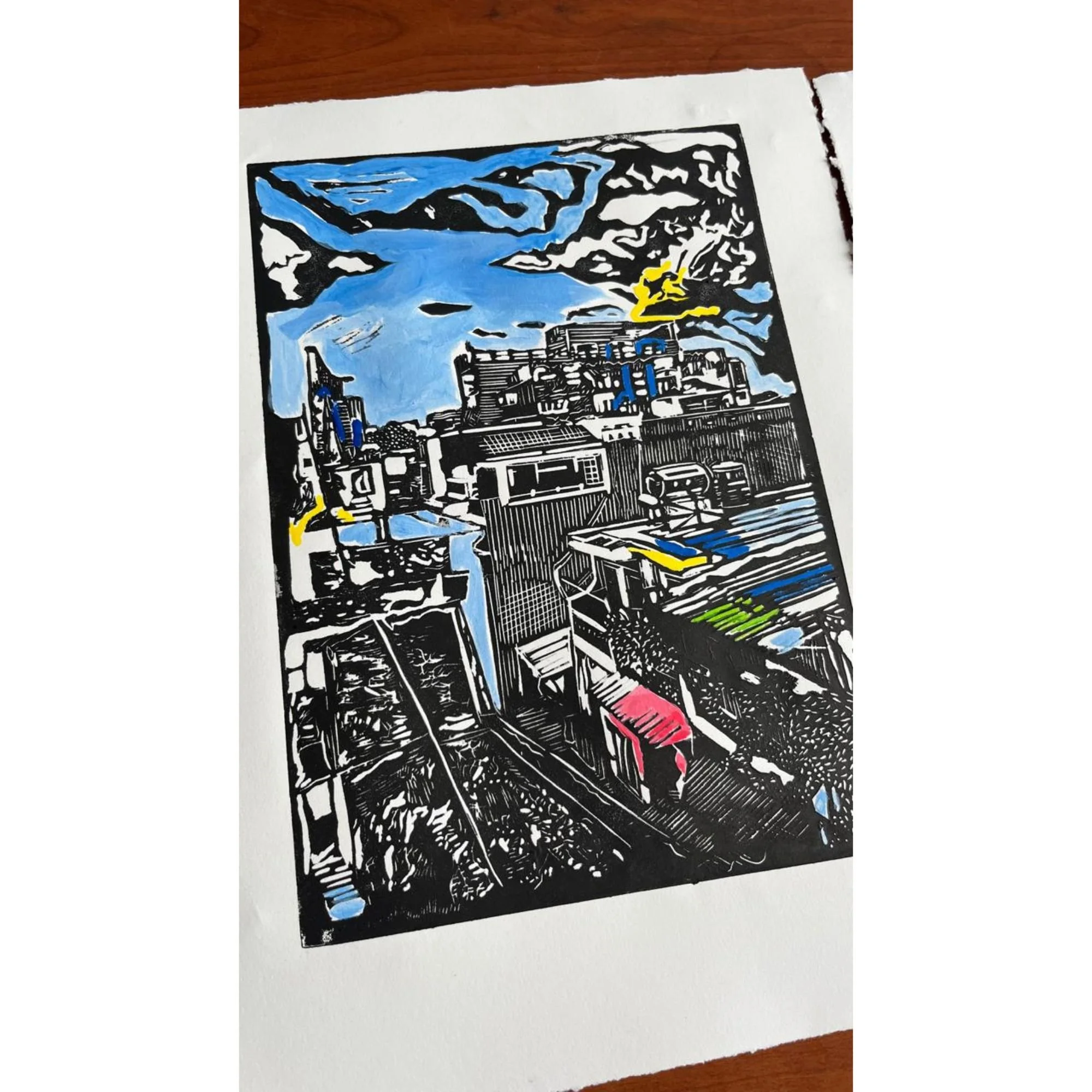 Studio shot of Saigon Rooftops acrylic and linocut artwork.jpg
