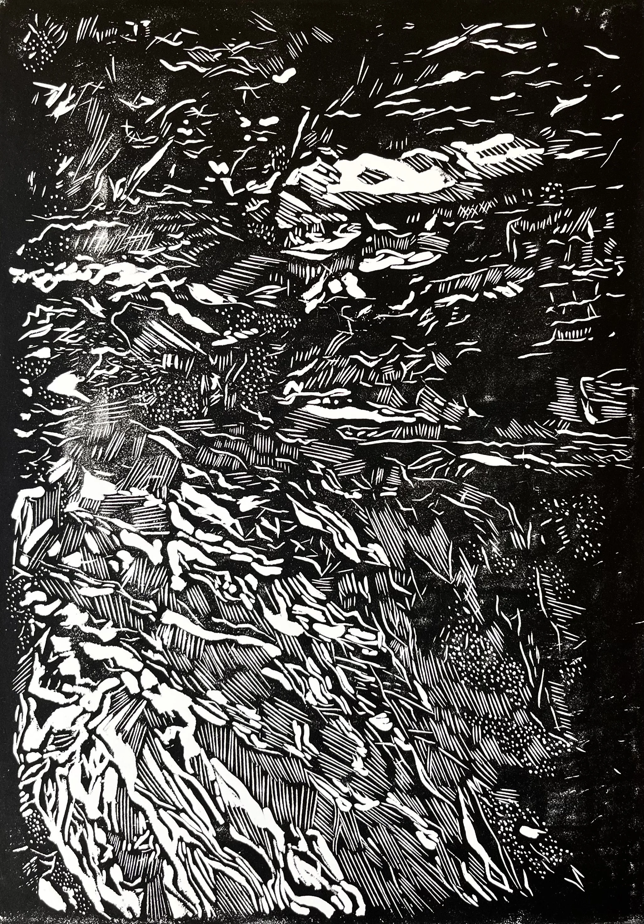 Cavernous 5 abstract black and white hand-pulled linocut relief print featuring dense hand-carved textures by Mark James Murphy.