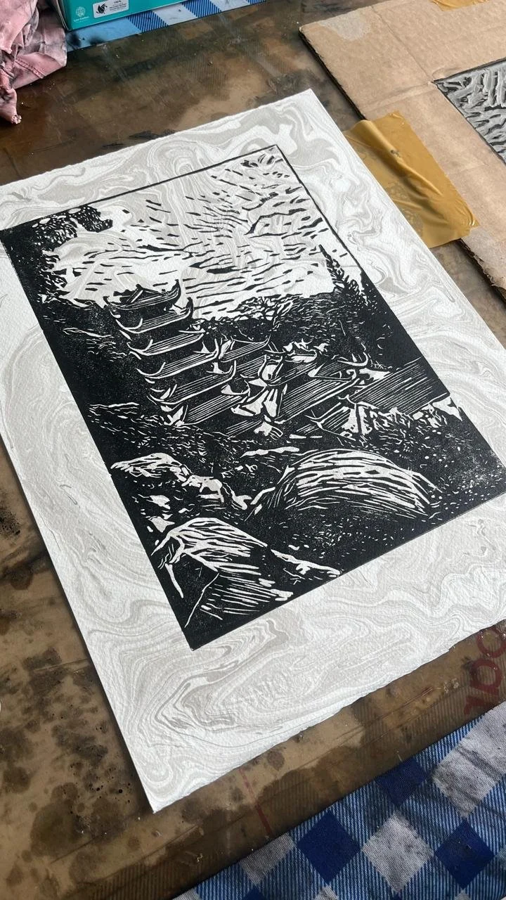 studio shot of suminagashi marbled linocut artwork