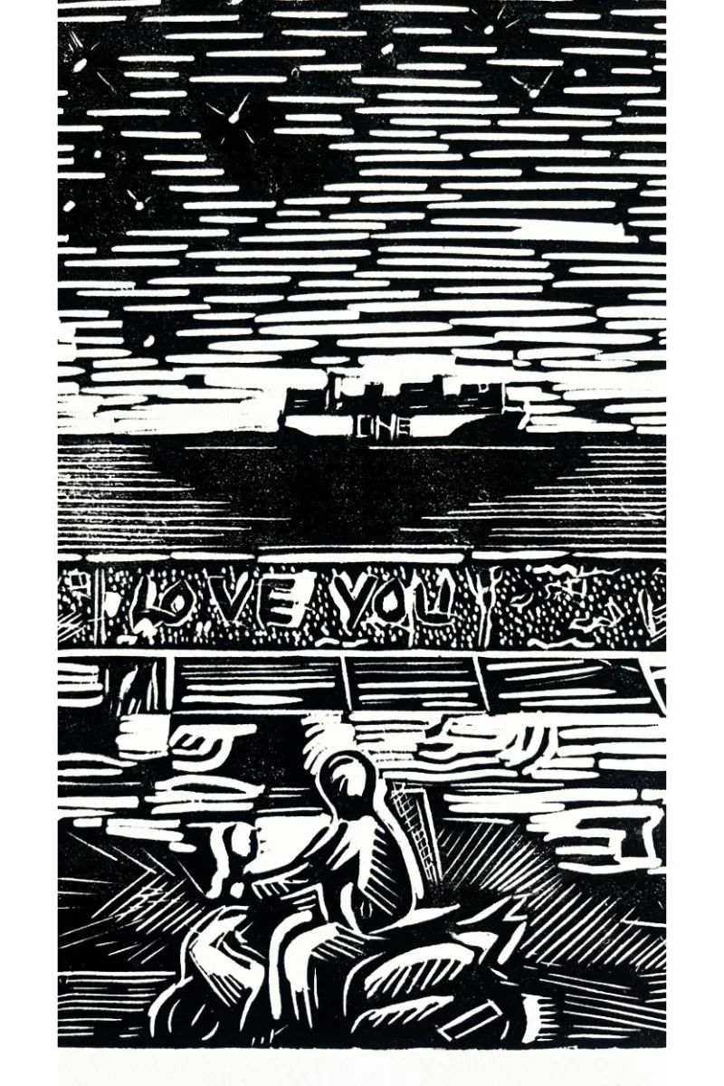detail of linocut with figure on a motorbike and ship on the sea