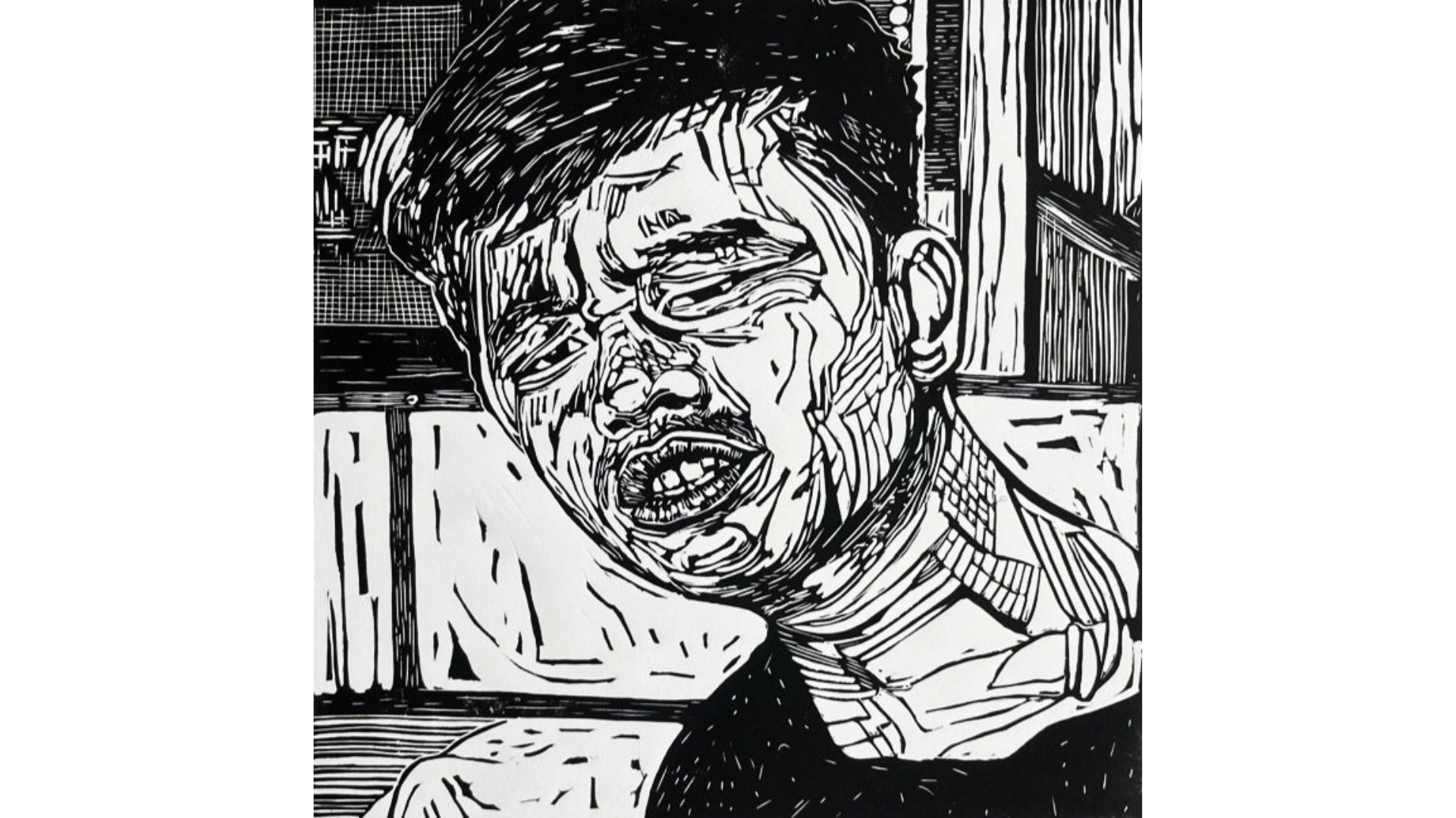 Black and white hand-carved linocut portrait of Vietnamese rapper Joke D by artist Mark James Murphy, showing intense expression inspired by the music video Mot Ngay Cua Bo