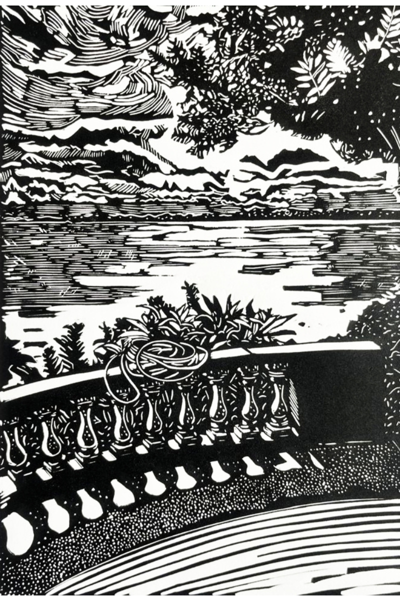 Original limited edition black and white linocut print titled "The Rope" by Mark James Murphy, featuring a detailed balustrade overlooking a body of water with dramatic cloud and foliage textures.