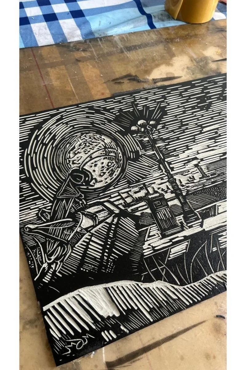 Detail of inked linocut of Diary of a Cricket with large moon