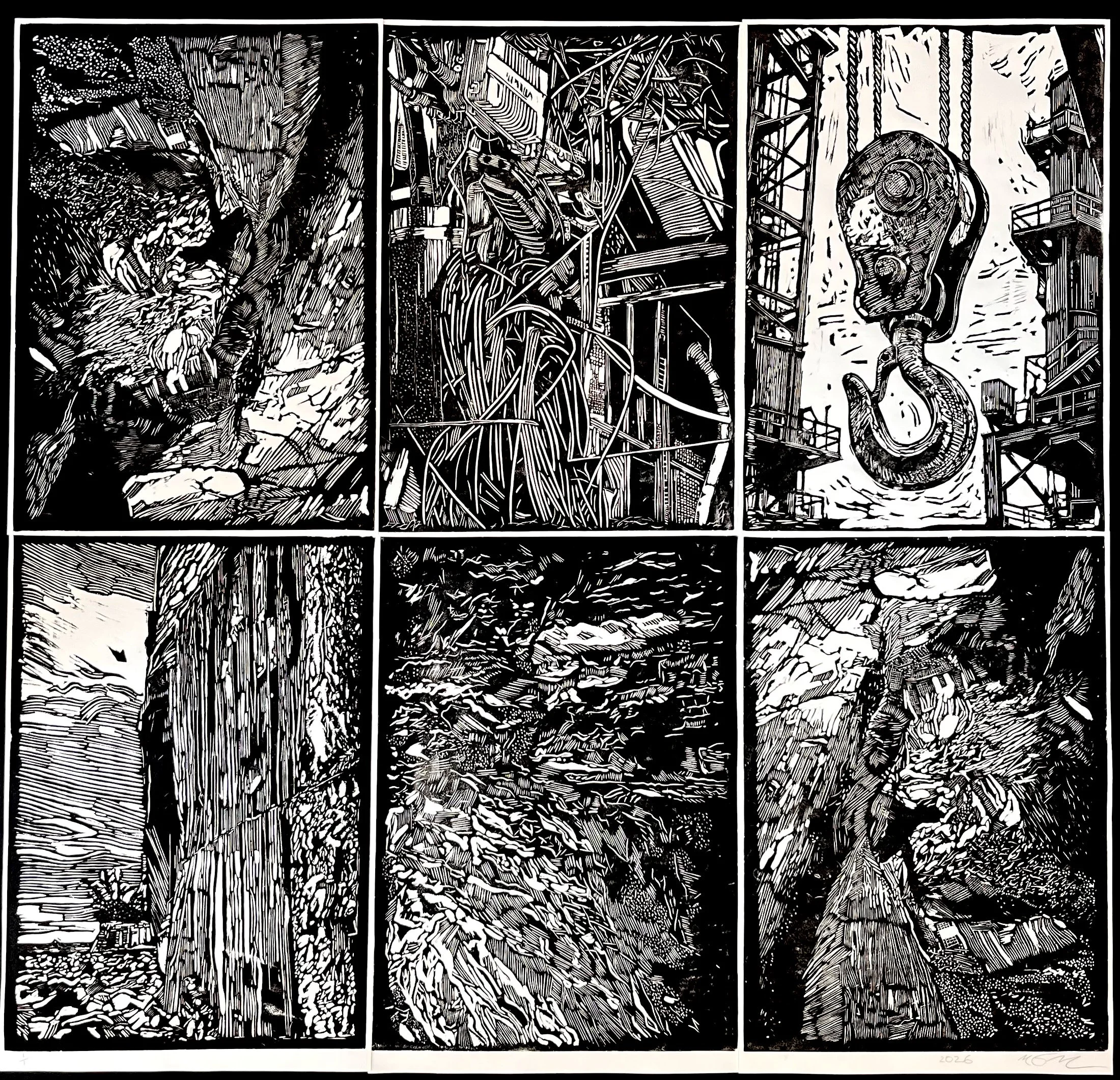 Hand-pulled modular linocut relief print in a 3x2 grid depicting a shipyard crane hook, Vietnamese power lines, and subterranean cave landscapes, framed in black and white.