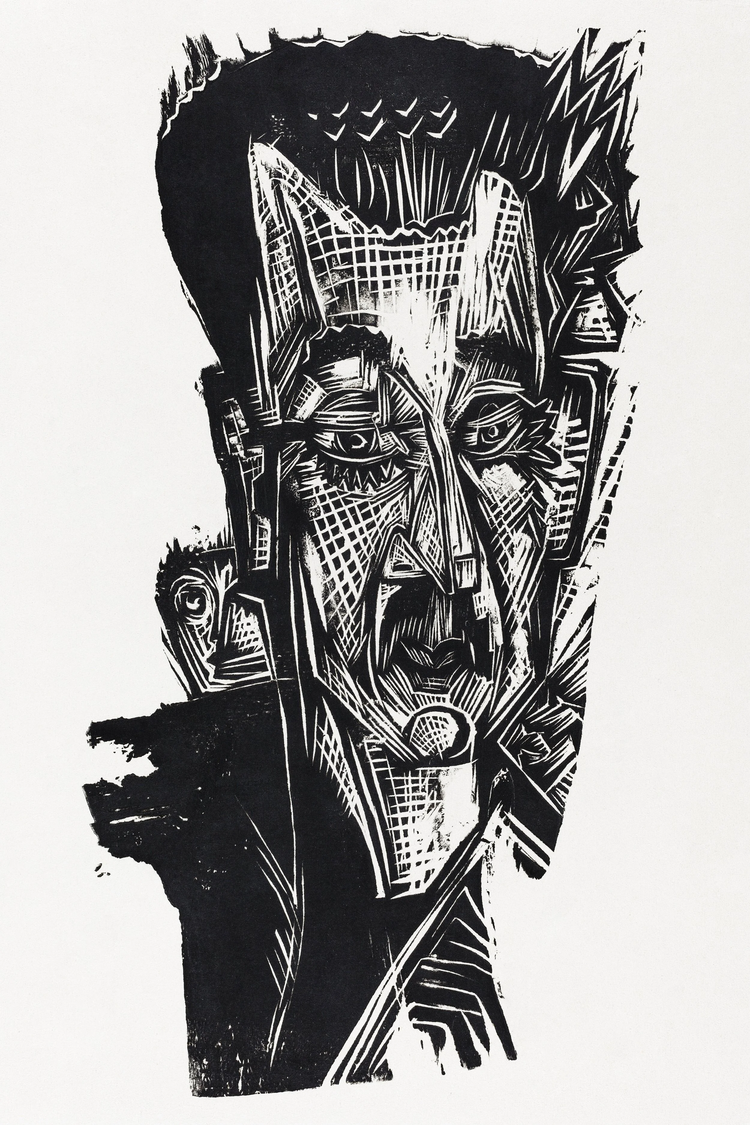 Black and white woodcut portrait of Dr. Ludwig Binswanger by Ernst Ludwig Kirchner, 1917, showing the jagged edges and raw grain textures typical of German Expressionist woodblock printing.