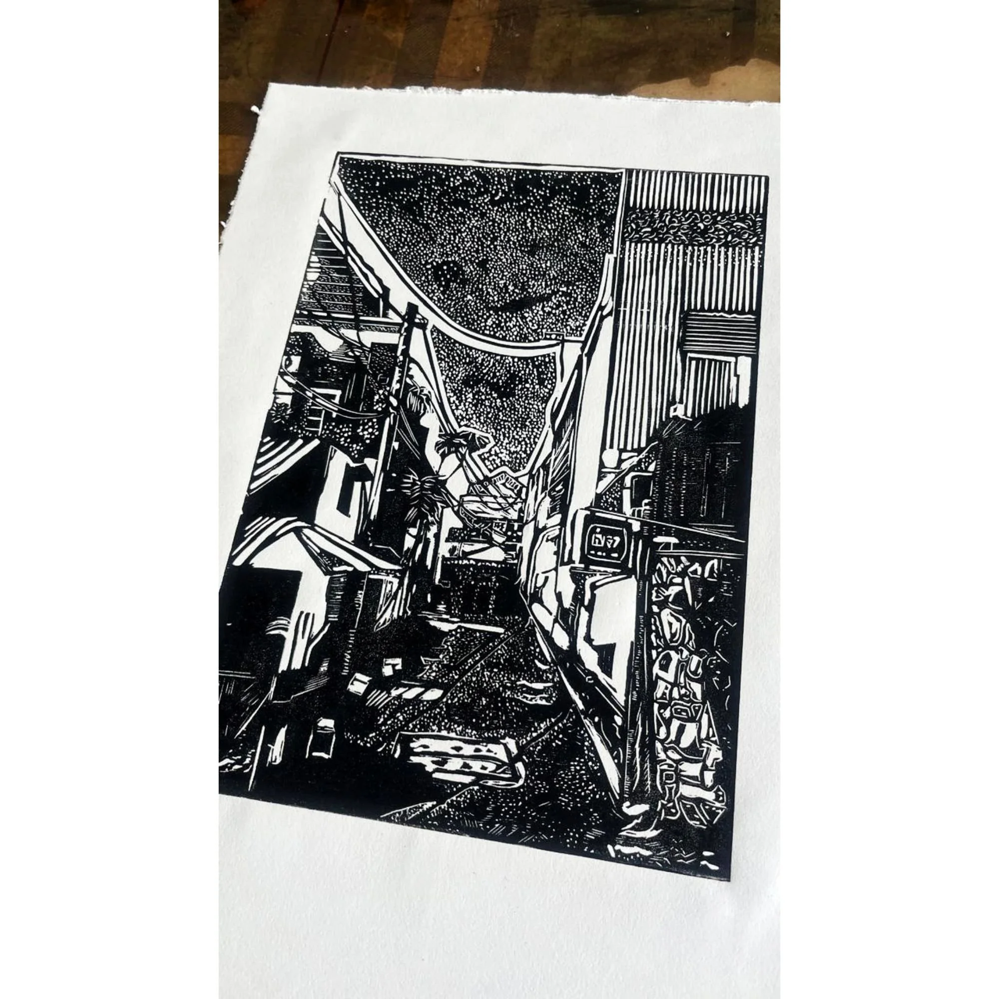 Alley 57 black and white linoprint by Mark James Murphy.jpg