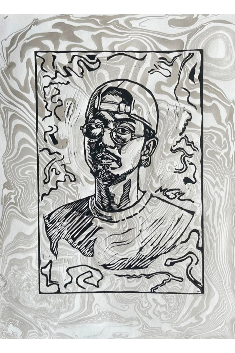 A hybrid art print of Vietnamese rapper Đen Vâu, featuring a bold black and white linocut portrait layered over a fluid, grey and white Suminagashi marbled background.