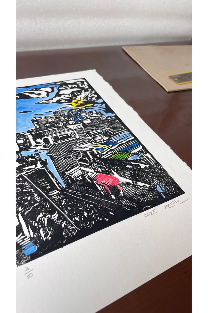 close up of signed and editioned linocut print by Mark James Murphy