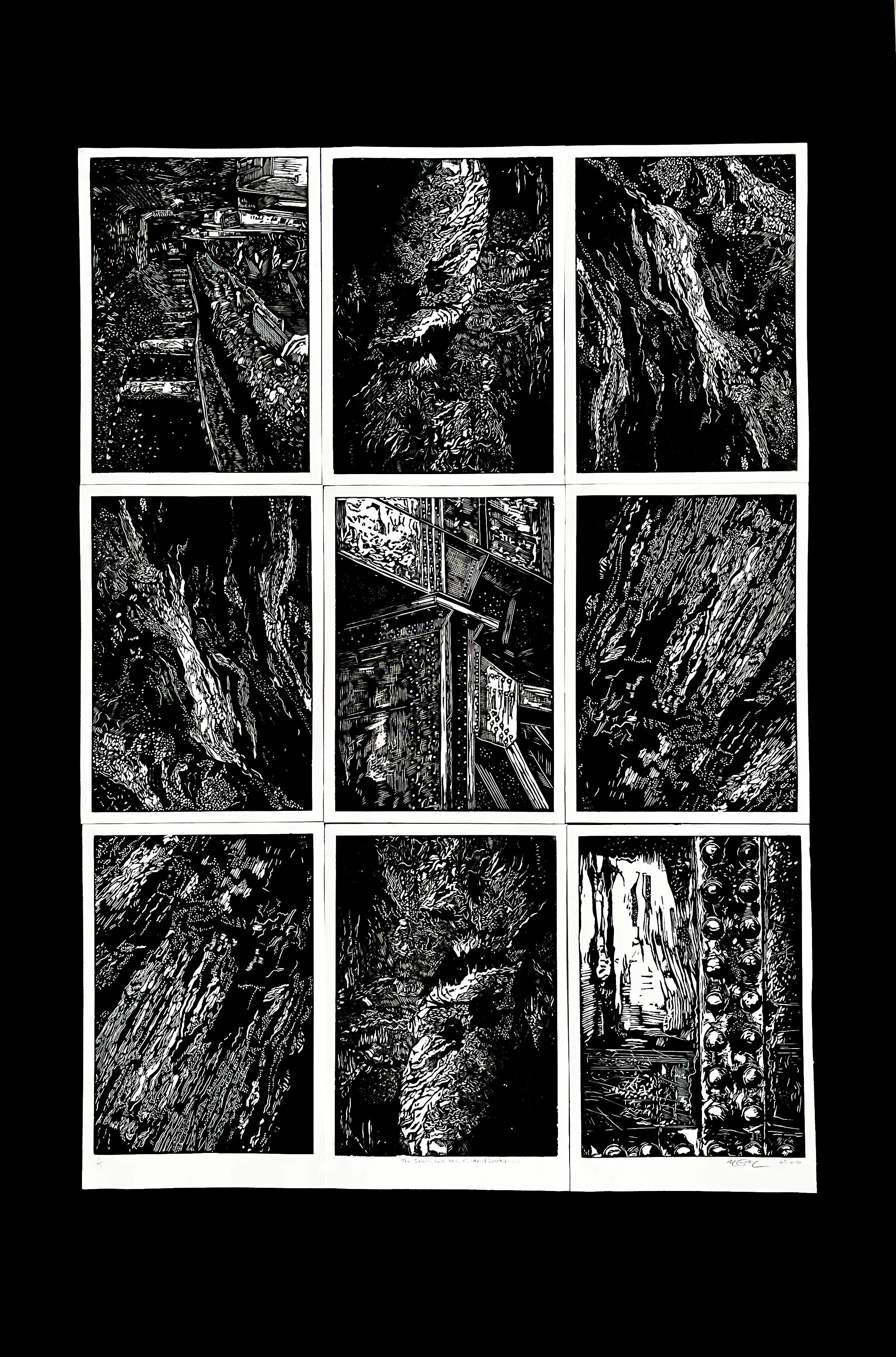 9 panel modular linocut installation in black and white