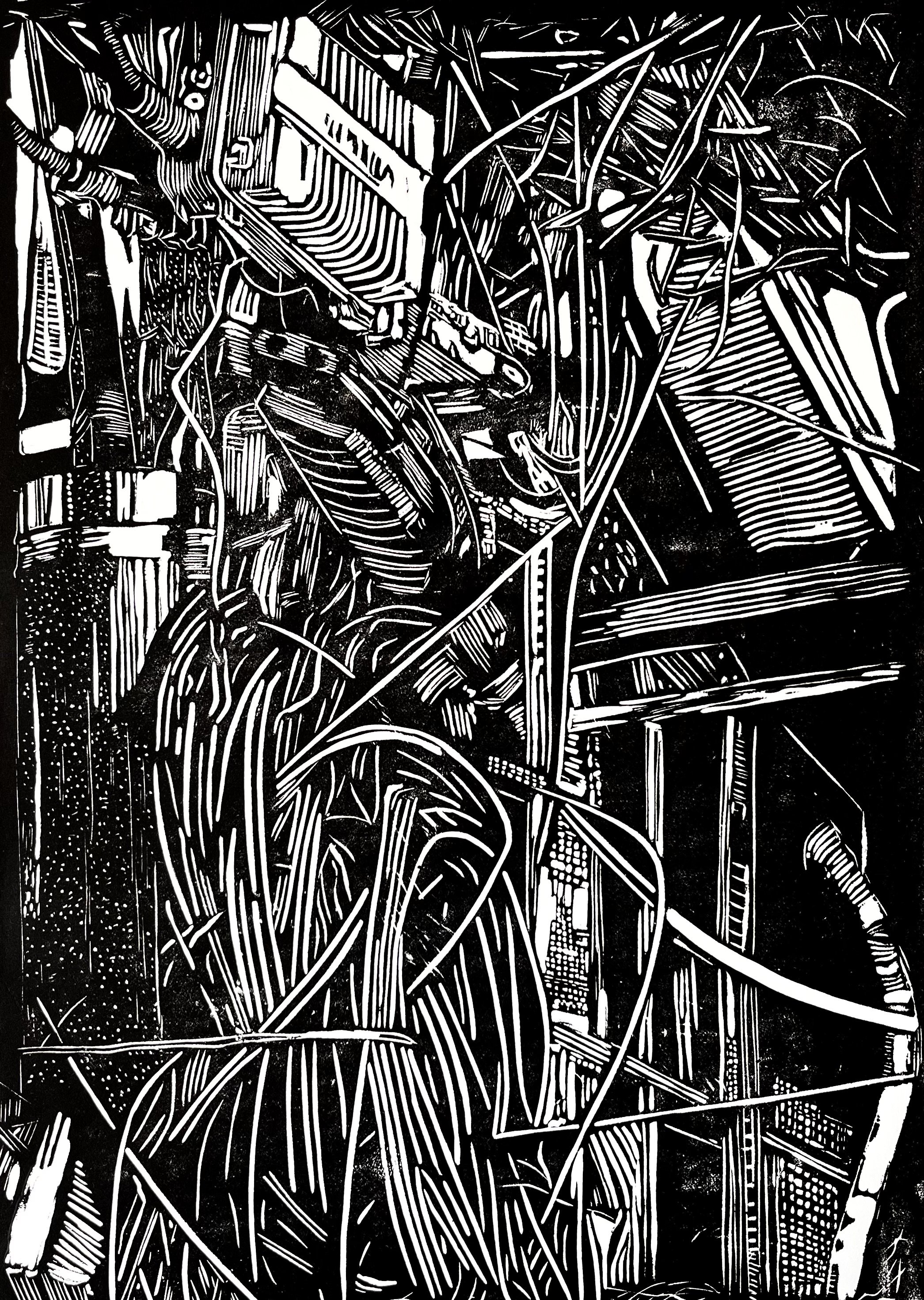 Tangled Wires black and white linocut by Mark James Murphy.jpg