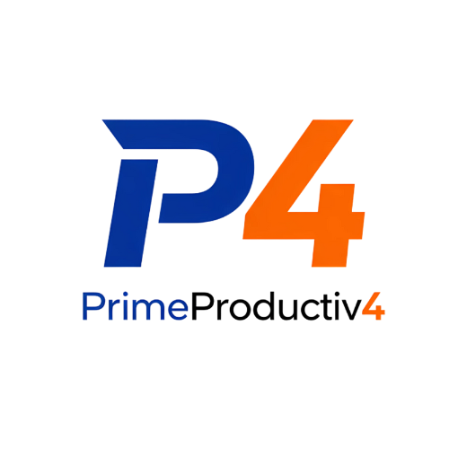Logo of PrimeProductiv4 featuring a large stylized blue 'P' and orange '4' with the text 'PrimeProductiv'
