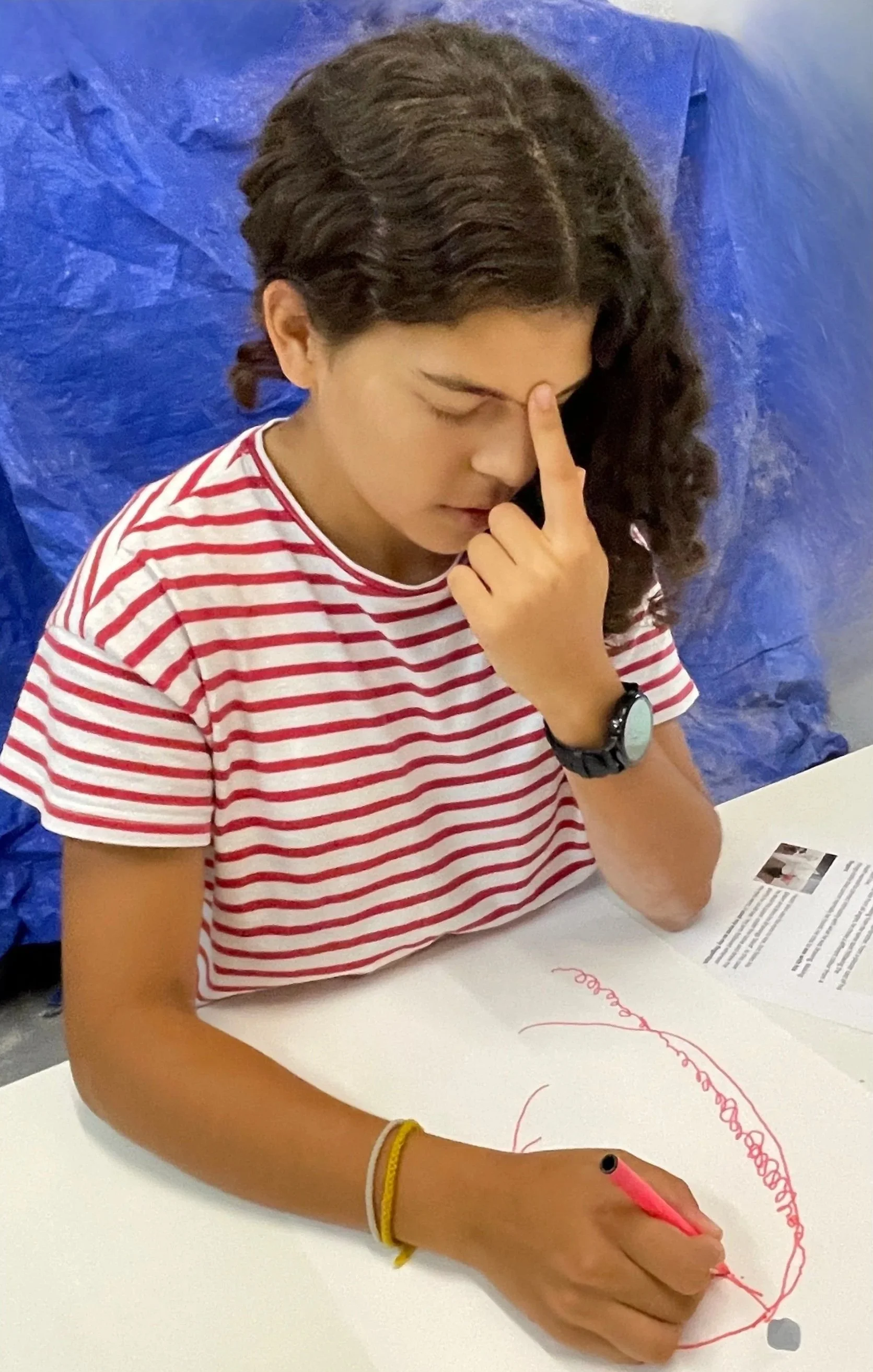 Classes d'anglès creatius a Barcelona. Dibuix de retrats només utilitzant el tacte. Inspirat per Claude Heath
