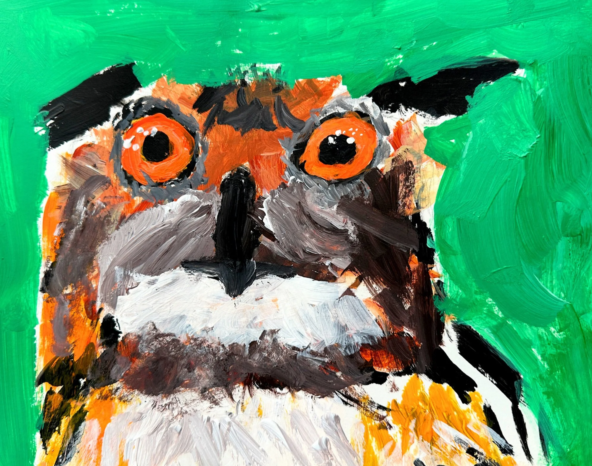 Owl acrylic painting - can be linked to KS2 animals and living beings and their habitats. Colour mixing, complementary colours and using different techniques such as impasto for creating texture.