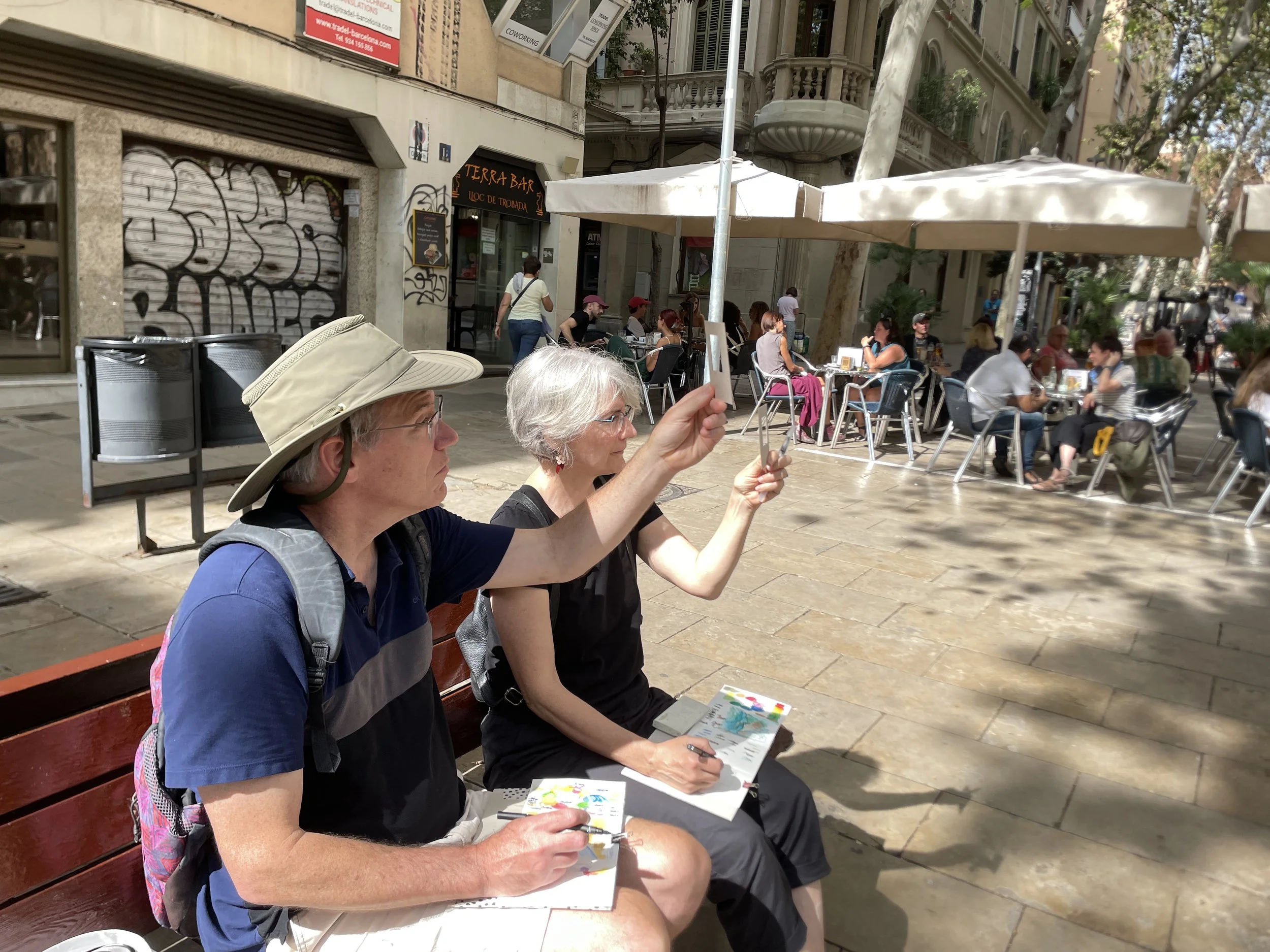 Using viewfinders to choose a composition in Plaça de la Virreina in Gracia neighbourhood.
