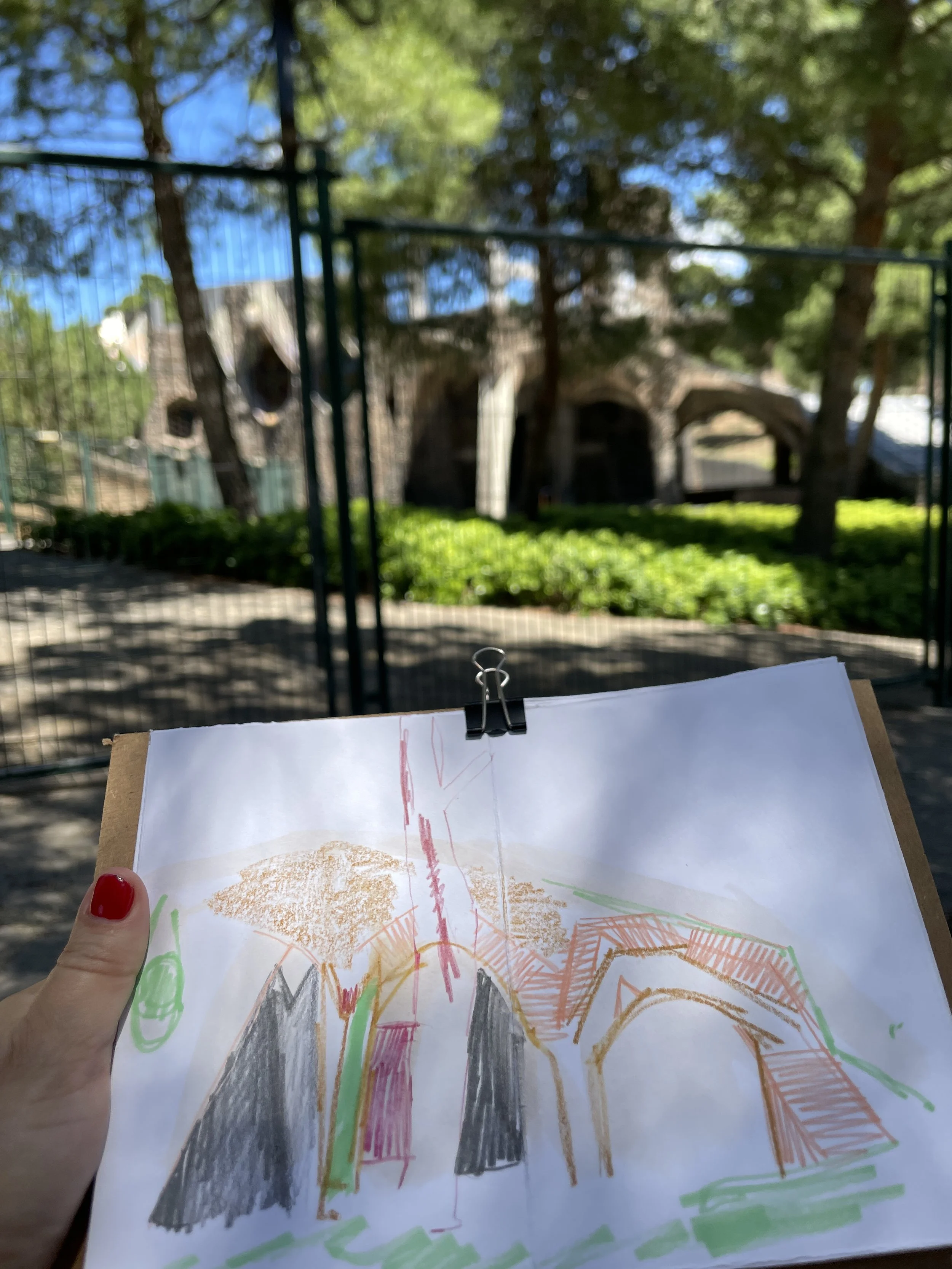 Drawing of Gaudi's Crypt in Colonia Guell. sketching the architecture in nature. 